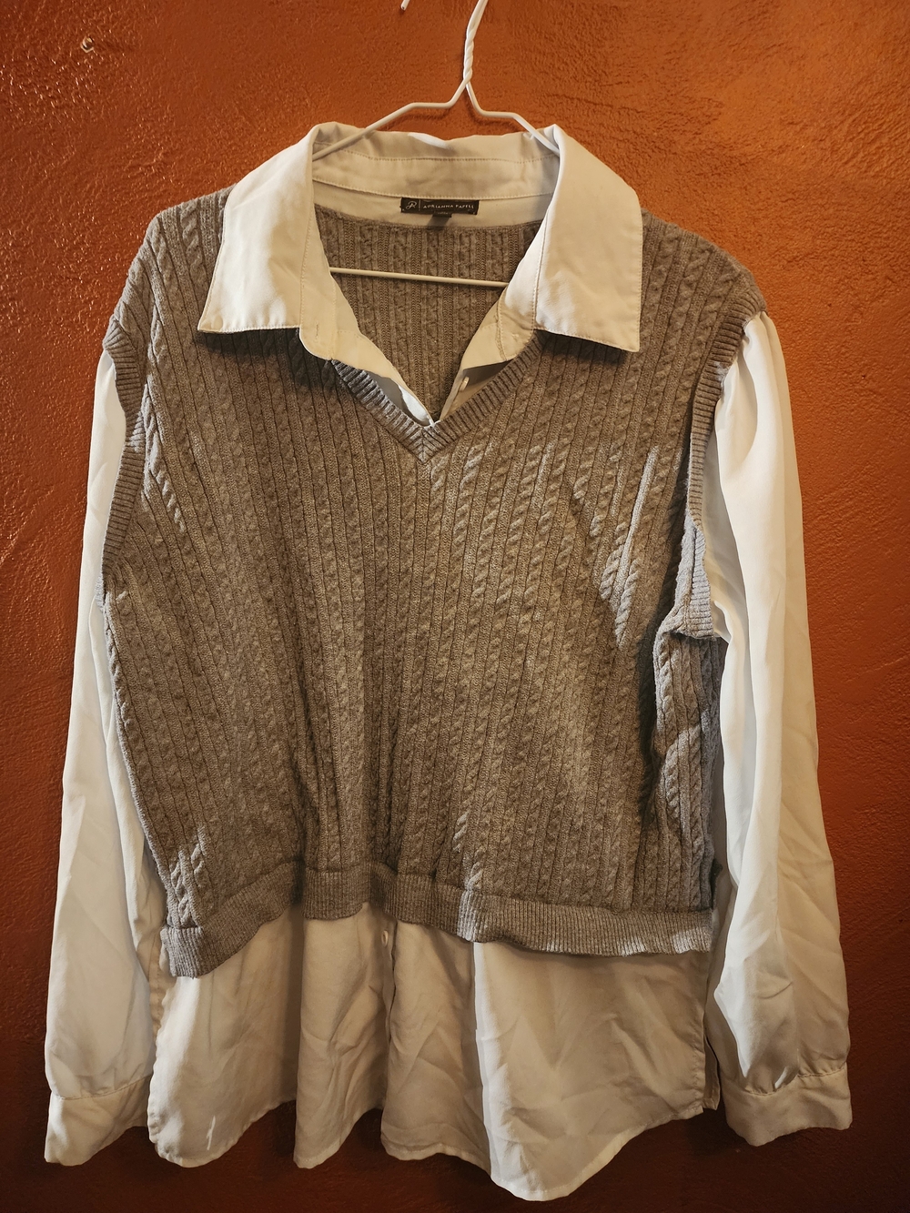 Adrianna Papell Grey Cable Knit Sweater with White Shirt Collar